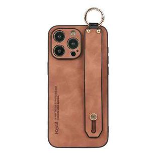 For iPhone 15 Pro Max Lambskin Wristband Holder Phone Case(Khaki)