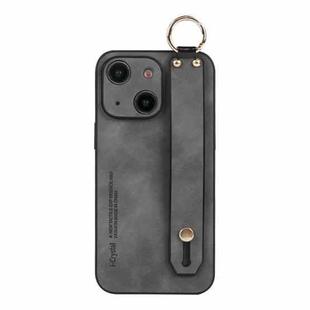 For iPhone 14 Plus Lambskin Wristband Holder Phone Case(Grey)