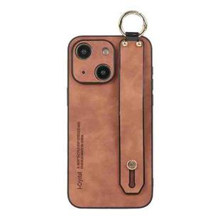 For iPhone 14 Lambskin Wristband Holder Phone Case(Khaki)