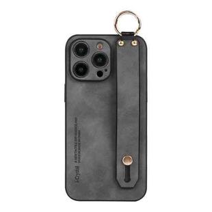 For iPhone 14 Pro Max Lambskin Wristband Holder Phone Case(Grey)