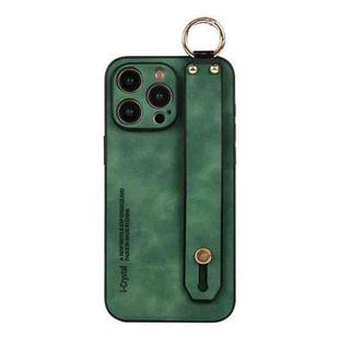 For iPhone 14 Pro Max Lambskin Wristband Holder Phone Case(Green)