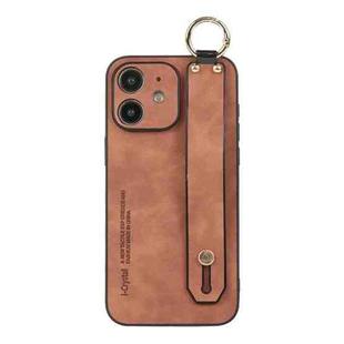 For iPhone 12 Lambskin Wristband Holder Phone Case(Khaki)