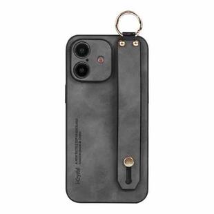 For iPhone 16 Plus Lambskin Wristband Holder Phone Case(Grey)