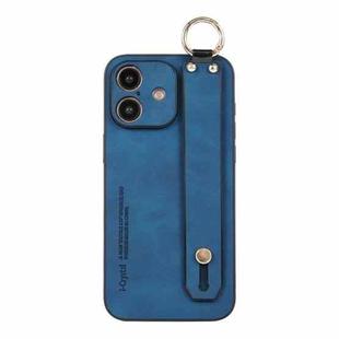 For iPhone 16 Lambskin Wristband Holder Phone Case(Blue)