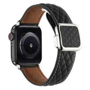 For Apple Watch SE 2023 44mm Rhombus Pattern Magnetic Square Buckle Leather Watch Band(Black)