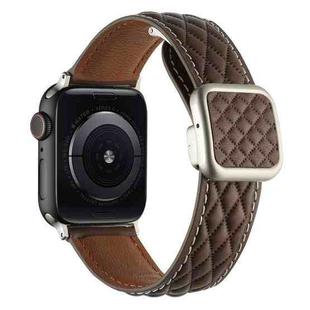 For Apple Watch SE 2023 44mm Rhombus Pattern Magnetic Square Buckle Leather Watch Band(Dark Coffee)