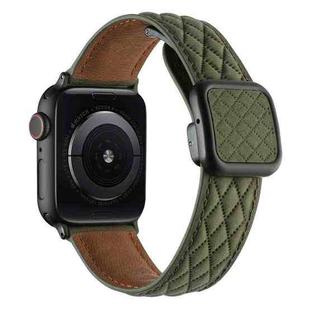 For Apple Watch SE 2023 44mm Rhombus Pattern Magnetic Square Buckle Leather Watch Band(Army Green)