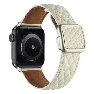 For Apple Watch SE 2023 40mm Rhombus Pattern Magnetic Square Buckle Leather Watch Band(Creamy White)