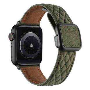 For Apple Watch Ultra 2 49mm Rhombus Pattern Magnetic Square Buckle Leather Watch Band(Army Green)