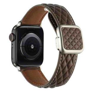 For Apple Watch SE 2022 44mm Rhombus Pattern Magnetic Square Buckle Leather Watch Band(Dark Coffee)