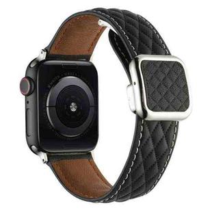 For Apple Watch SE 44mm Rhombus Pattern Magnetic Square Buckle Leather Watch Band(Black)