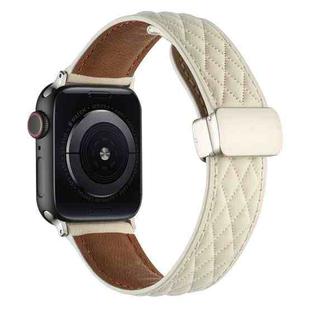 For Apple Watch SE 2023 44mm Rhombus Pattern Magnetic Folding Buckle Leather Watch Band(Creamy White)