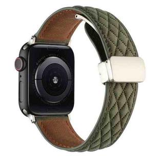 For Apple Watch SE 2023 40mm Rhombus Pattern Magnetic Folding Buckle Leather Watch Band(Army Green)