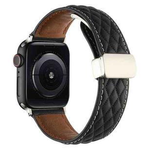For Apple Watch Series 9 41mm Rhombus Pattern Magnetic Folding Buckle Leather Watch Band(Black)