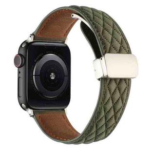For Apple Watch SE 2022 44mm Rhombus Pattern Magnetic Folding Buckle Leather Watch Band(Army Green)