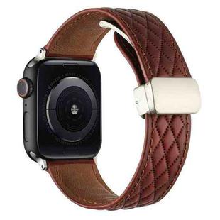 For Apple Watch SE 44mm Rhombus Pattern Magnetic Folding Buckle Leather Watch Band(Red)