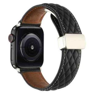 For Apple Watch Series 6 44mm Rhombus Pattern Magnetic Folding Buckle Leather Watch Band(Black)