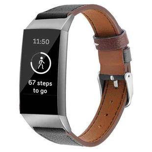 For Fitbit Charge 4 / 3 Top-grain Leather + 316L Stainless Steel Watch Band, Size:Small Code(Black)