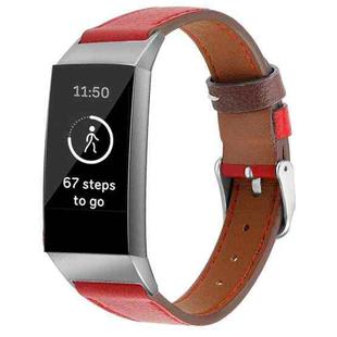 For Fitbit Charge 4 / 3 Top-grain Leather + 316L Stainless Steel Watch Band, Size:Small Code(Red)