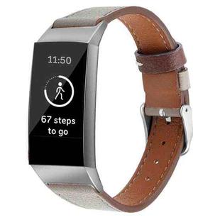 For Fitbit Charge 4 / 3 Top-grain Leather + 316L Stainless Steel Watch Band, Size:Small Code(Light Gray)