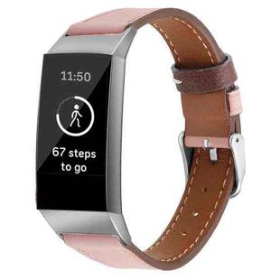 For Fitbit Charge 4 / 3 Top-grain Leather + 316L Stainless Steel Watch Band, Size:Small Code(Pink)