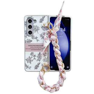 For Samsung Galaxy Z Fold5 5G Pearlescent Paint Painted PC Phone Case with DIY Scarf Bracelet(Sketch Flower)