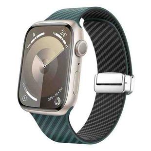 For Apple Watch SE 2023 44mm Carbon Fiber Magnetic Silver Buckle Watch Band(Deep Green Black)