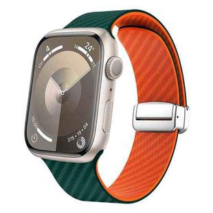 For Apple Watch Series 7 45mm Carbon Fiber Magnetic Silver Buckle Watch Band(Deep Green Orange)