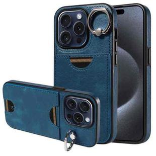 For iPhone 15 Pro Calf Texture Card Slot Ring Holder Phone Case(Blue)