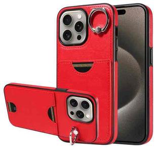 For iPhone 15 Pro Max Calf Texture Card Slot Ring Holder Phone Case(Red)