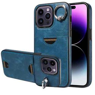 For iPhone 14 Pro Max Calf Texture Card Slot Ring Holder Phone Case(Blue)