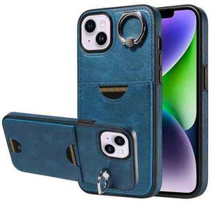 For iPhone 14 Plus Calf Texture Card Slot Ring Holder Phone Case(Blue)