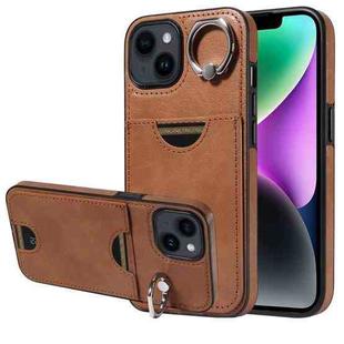 For iPhone 14 Calf Texture Card Slot Ring Holder Phone Case(Brown)