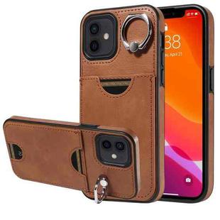 For iPhone 12 / 12 Pro Calf Texture Card Slot Ring Holder Phone Case(Brown)