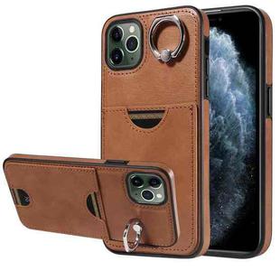 For iPhone 11 Pro Max Calf Texture Card Slot Ring Holder Phone Case(Brown)