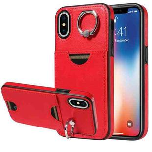 For iPhone X / XS Calf Texture Card Slot Ring Holder Phone Case(Red)