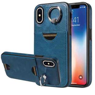 For iPhone X / XS Calf Texture Card Slot Ring Holder Phone Case(Blue)