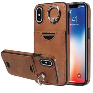 For iPhone X / XS Calf Texture Card Slot Ring Holder Phone Case(Brown)