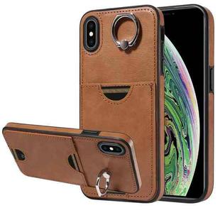 For iPhone XS Max Calf Texture Card Slot Ring Holder Phone Case(Brown)