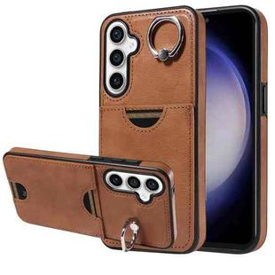 For Samsung Galaxy S23 FE 5G Calf Texture Card Slot Ring Holder Phone Case(Brown)