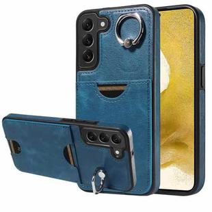 For Samsung Galaxy S22+ 5G Calf Texture Card Slot Ring Holder Phone Case(Blue)