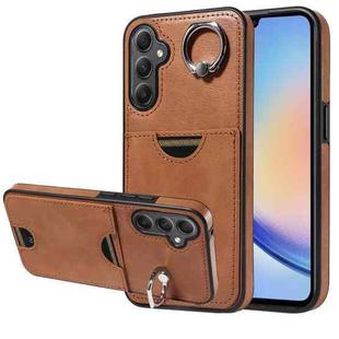 For Samsung Galaxy A34 5G Calf Texture Card Slot Ring Holder Phone Case(Brown)