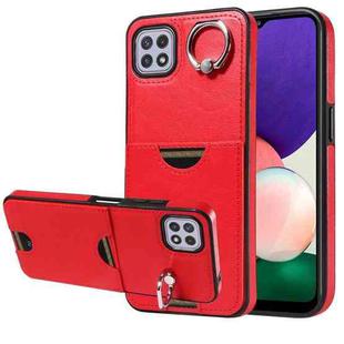 For Samsung Galaxy A22 5G Calf Texture Card Slot Ring Holder Phone Case(Red)