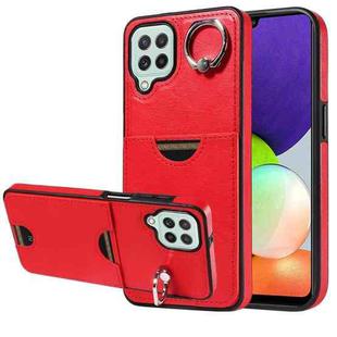 For Samsung Galaxy A22 4G Calf Texture Card Slot Ring Holder Phone Case(Red)
