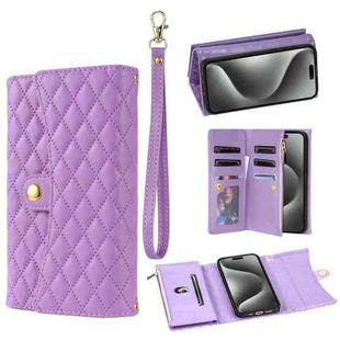 For iPhone 15 Pro Max Zipper Multi-Card Wallet Rhombic Leather Phone Case(Purple)