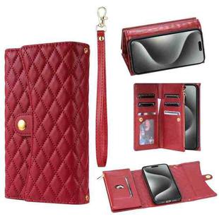 For iPhone 15 Pro Max Zipper Multi-Card Wallet Rhombic Leather Phone Case(Red)