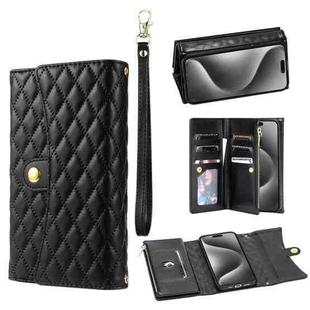 For iPhone 15 Pro Zipper Multi-Card Wallet Rhombic Leather Phone Case(Black)