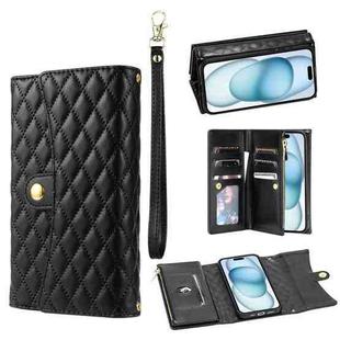 For iPhone 15 Zipper Multi-Card Wallet Rhombic Leather Phone Case(Black)