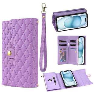 For iPhone 15 Zipper Multi-Card Wallet Rhombic Leather Phone Case(Purple)