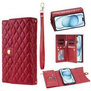 For iPhone 15 Zipper Multi-Card Wallet Rhombic Leather Phone Case(Red)